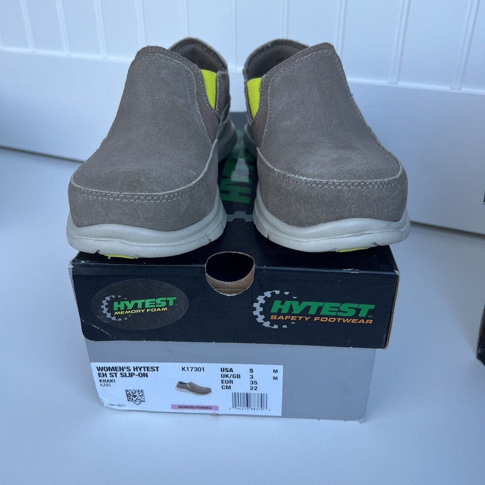 New In Box Hytest Women’s Khaki Safety Shoes Slip On K17301 Steel Toe Size 5 M